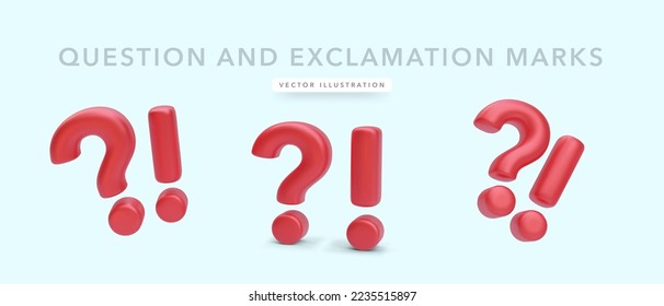 Set of 3d realistic question marks and exclamation marks isolated on blue background. Vector illustration