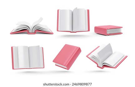 Set of 3d realistic red books isolated on white background. Vector illustration