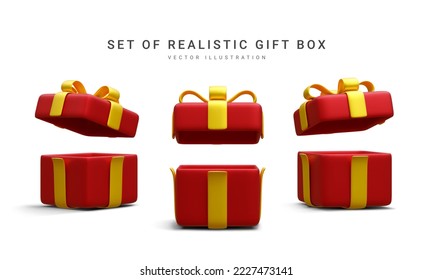 Set of 3d realistic red gift boxes with gold ribbon isolated on white background. Surprise boxes. Vector illustration