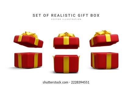 Set of 3d realistic red gift boxes with gold ribbon isolated on white background. Surprise boxes. Vector illustration
