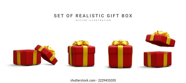 Set of 3d realistic red gift boxes with gold ribbon isolated on white background. Surprise boxes. Vector illustration