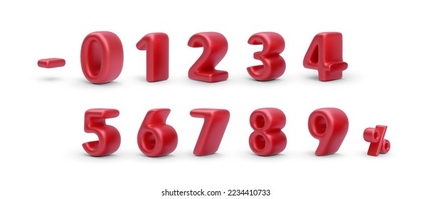 Set of 3d realistic red numbers and minus sign and percent sign with shadow isolated on white background. Vector illustration