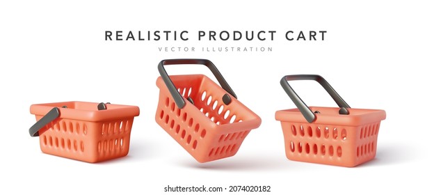 Set of 3d realistic red plastic shopping cart isolated on white background. Vector illustration - Shutterstock ID 2074020182