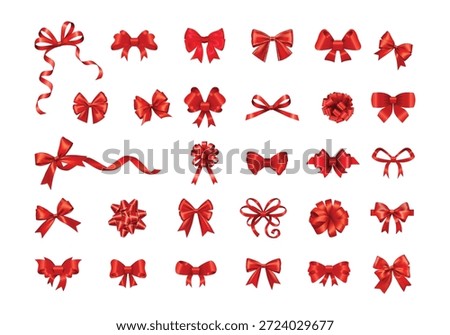 Set of 3d realistic Red satin vector icon illustration, Silk ribbon bow on a white background,
present Gift box velvet bow ribbon