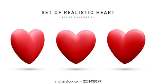 Set of 3d realistic red valentine hearts isolated on white background. Vector illustration