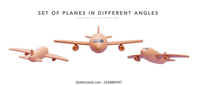 Set of 3d realistic render airplane isolated on white background. Vector illustration