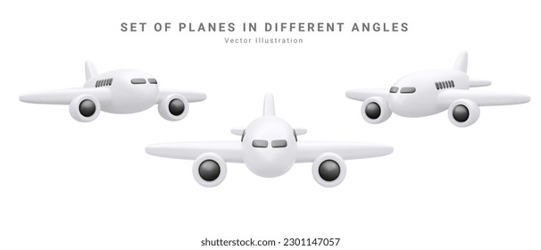 Set of 3d realistic render airplane isolated on white background. Vector illustration.