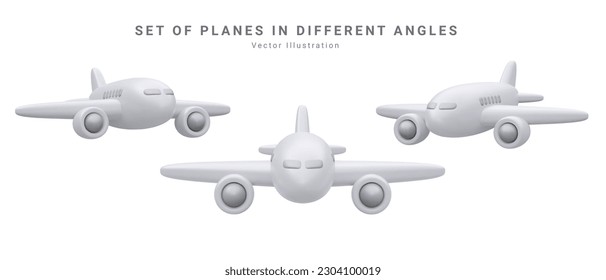 Set of 3d realistic render airplane isolated on white background. Vector illustration.