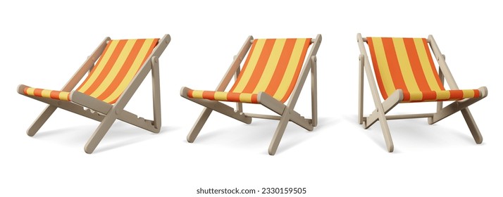 Set of 3d realistic render beach chairs with shadow isolated on white background. Beach chaise longue for summer rest. Wooden deck chair. Vacation accessory. Summertime relax. Vector illustration