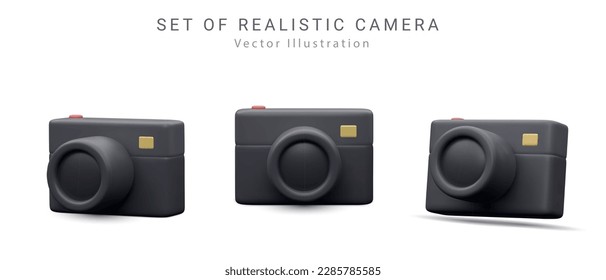 Set of 3d realistic render black camera with shadow isolated on white background. social media concept .Vector illustration 3D