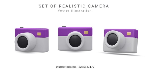 Set of 3d realistic render colorful camera with shadow isolated on white background. Social media concept or baner .Vector illustration 3D