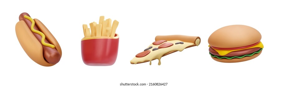 Set of 3d realistic render fast food elements icon set. Pizza slice, burger, french fries, hot dog isolated on white background. Vector illustration