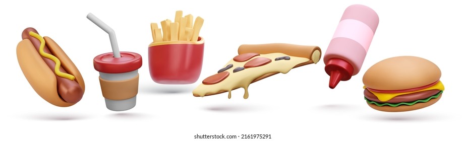 Set of 3d realistic render fast food elements icon set. Pizza slice, burger, french fries, coffee cup, hot dog, ketchup bottle isolated on white background. Vector illustration
