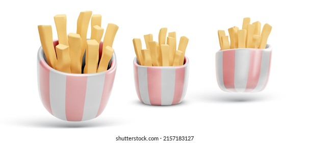 Set of 3d realistic render fries potatoes in package in different position isolated on white background. Vector illustration