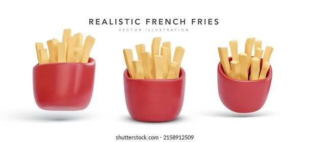 Set of 3d realistic render fries potatoes in red package. Vector illustration