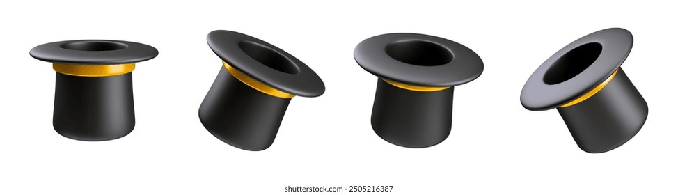 Set of 3d realistic rendering arts of magician cylinder. Black headgear for magic tricks with gold ribbon around it. Magic equipment for magic show concept. Magician cylinder isolated on white