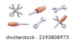 Set of 3d realistic repair keys and screwdriver isolated on white background. Vector illustration