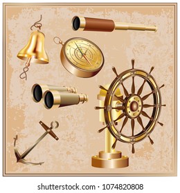 Set of 3d realistic retro elements of navigation isolated on a light brown vintage background