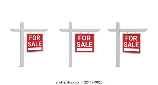 Set of 3d realistic sale real estate sign isolated on white background. Home for sale concept. Vector illustration