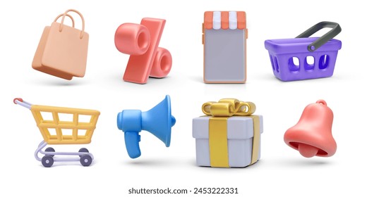 Set of 3d realistic sale vector icons isolated on white background. Bag, discount, store, basket, cart, megaphone, gift, bell 