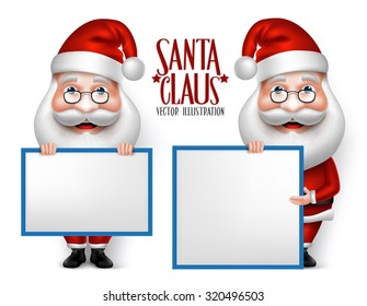 Set of 3D Realistic Santa Claus Cartoon Character for Christmas Holding Blank Board Isolated in White Background. Vector Illustration
