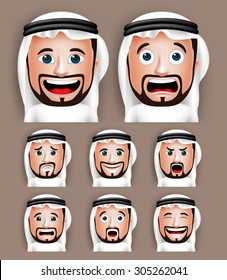 Set of 3D Realistic Saudi Arab Man Head with Different Facial Expressions Wearing Thobe Avatar. Editable Vector Illustration