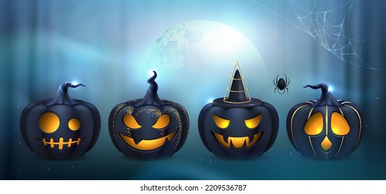 Set of 3D realistic scary and funny halloween pumpkin faces in wild night forest. Halloween  background. Vector illustration