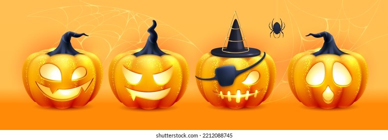 Conjunto de caras de calabaza de halloween triviales y divertidas, que dan miedo a la realidad en 3D. Fondo de Halloween. Ilustración del vector