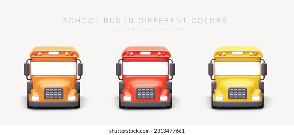 Conjunto de tres autobuses escolares realistas en diferentes colores. Afiche web colorido con automóviles para la tienda de autos. Ilustración vectorial colorida en estilo de caricatura con fondo azul