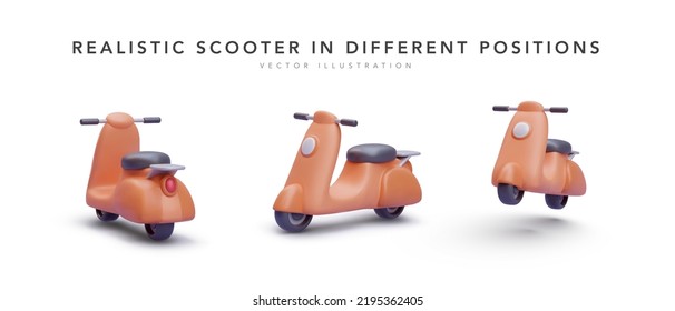 Set von 3D-realistischer Scooter in unterschiedlicher Position einzeln auf weißem Hintergrund. Vektorgrafik