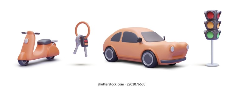 Set 3d realistic scooter  keys  car  traffic light isolated white background  Vector illustration