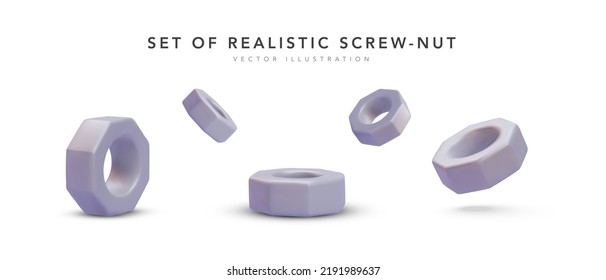 Set of 3d realistic screw nut with shadow isolated on white background. Vector illustration