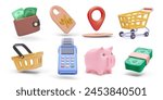 Set of 3d realistic shopping vector icons isolated on white background. Wallet, discount, pointer, cart, basket, pos, piggy, money