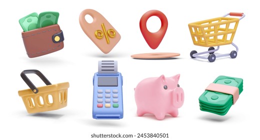 Set of 3d realistic shopping vector icons isolated on white background. Wallet, discount, pointer, cart, basket, pos, piggy, money