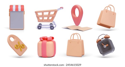 Set of 3d realistic shopping vector icons isolated on white background. Store, cart, map, bag, discount, gift, clock