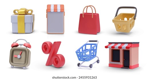 Set of 3d realistic shopping vector icons isolated on white background. Gift, phone, bag, basket, clock, discount, cart, store