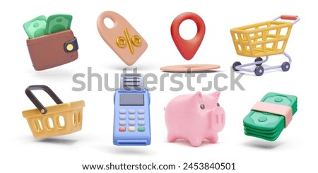 Set of 3d realistic shopping vector icons isolated on white background. Wallet, discount, pointer, cart, basket, pos, piggy, money