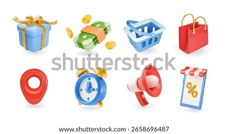 Set of 3d realistic shopping vector icons, promoting vector icons isolated on white background. Megaphone, timer, discount, smartphone shop, store, pointer, sale bag, gift