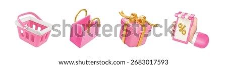 Set of 3d realistic shopping vector icons isolated on white background. Pink color Gift box, phone, bag, basket, discount, cart, store online, percentage