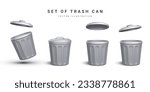 Set of 3d realistic silver trash can on white background. Vector illustration
