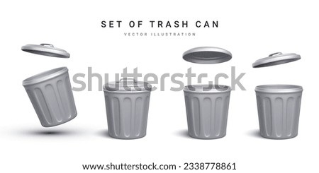 Set of 3d realistic silver trash can on white background. Vector illustration