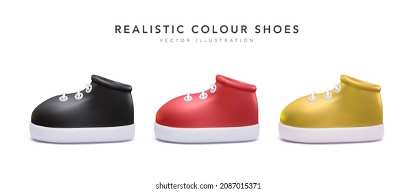 Set of 3d realistic sneakers in different colors isolated on white background. Vector illustration