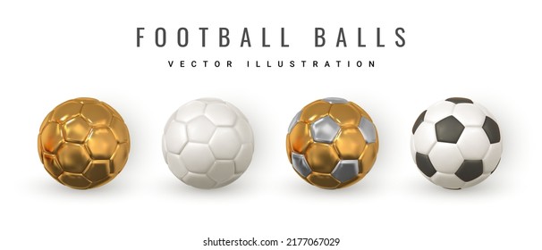 Set of 3d realistic Soccer balls. Golden and white black color Football balls. Vector illustration.