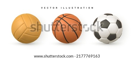 Set of 3d realistic soccer, football, basket and volley ball on white background. Vector illustration.