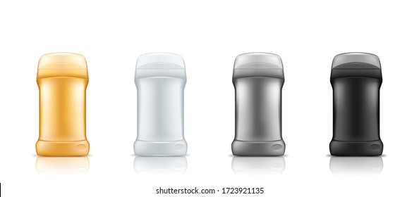 Set of 3D Realistic Stick Deodorant Antiperspirant Bottle Mockup isolated on white background. Black plastic package design. Blank cosmetic, body hygiene template. Vector illustration