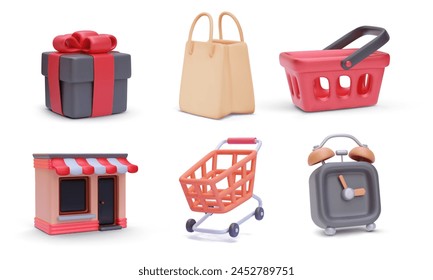 Set of 3d realistic store vector icons isolated on white background. Gift, bag, basket, shop, cart, alarm