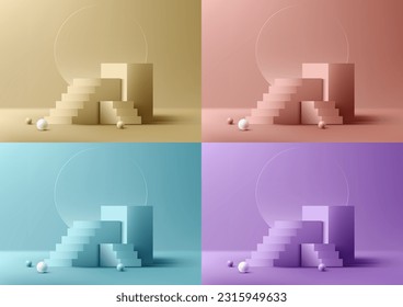 Set of 3D realistic studio room bright colors cube podium stand with ladder steps goal target success decoration circle transparent glass backdrop and balls on minimal wall scene background. Vector