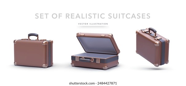 Set of 3d realistic suitcases isolated on white background. Vector illustration