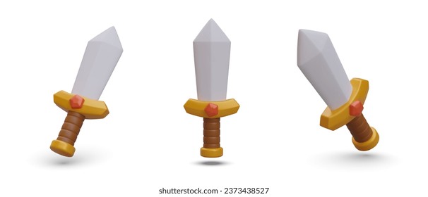 Set with 3d realistic swords in different positions. Poster with place for text for game in cartoon style. Vector illustration in yellow and brown colors
