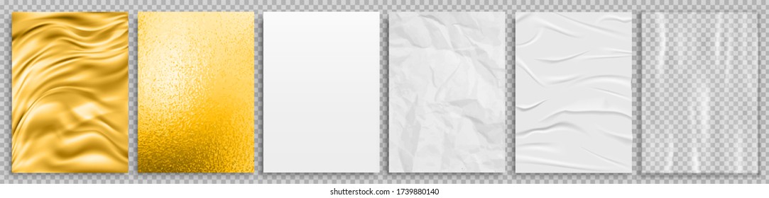 Set 3d realistic textures gold fabric, silver foil, white crumpled paper, transparent plastic film with shadows – stock vector